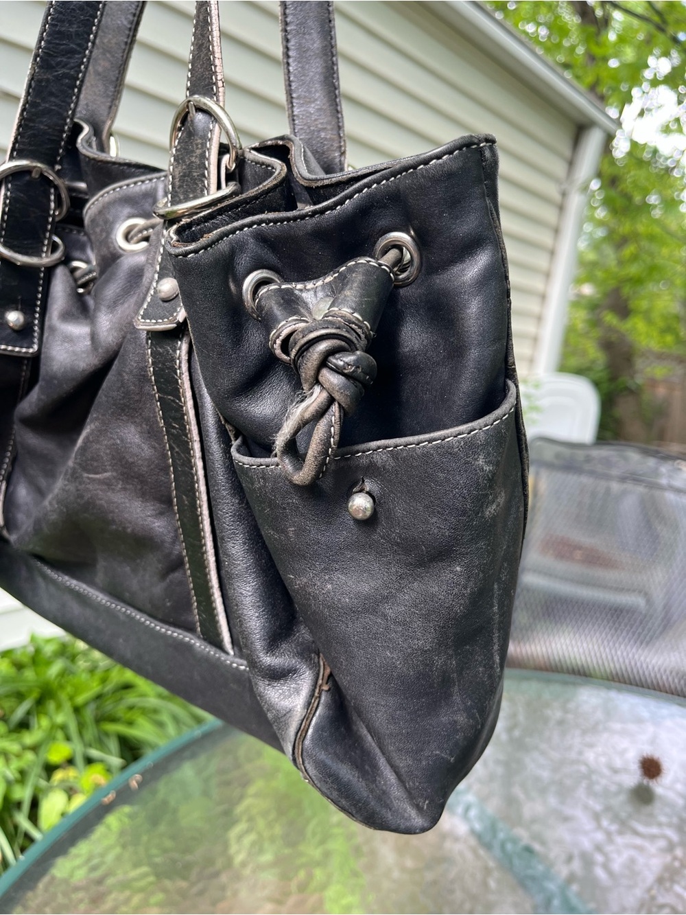 Kenneth Cole Black Leather Drawstring Shoulder Bag